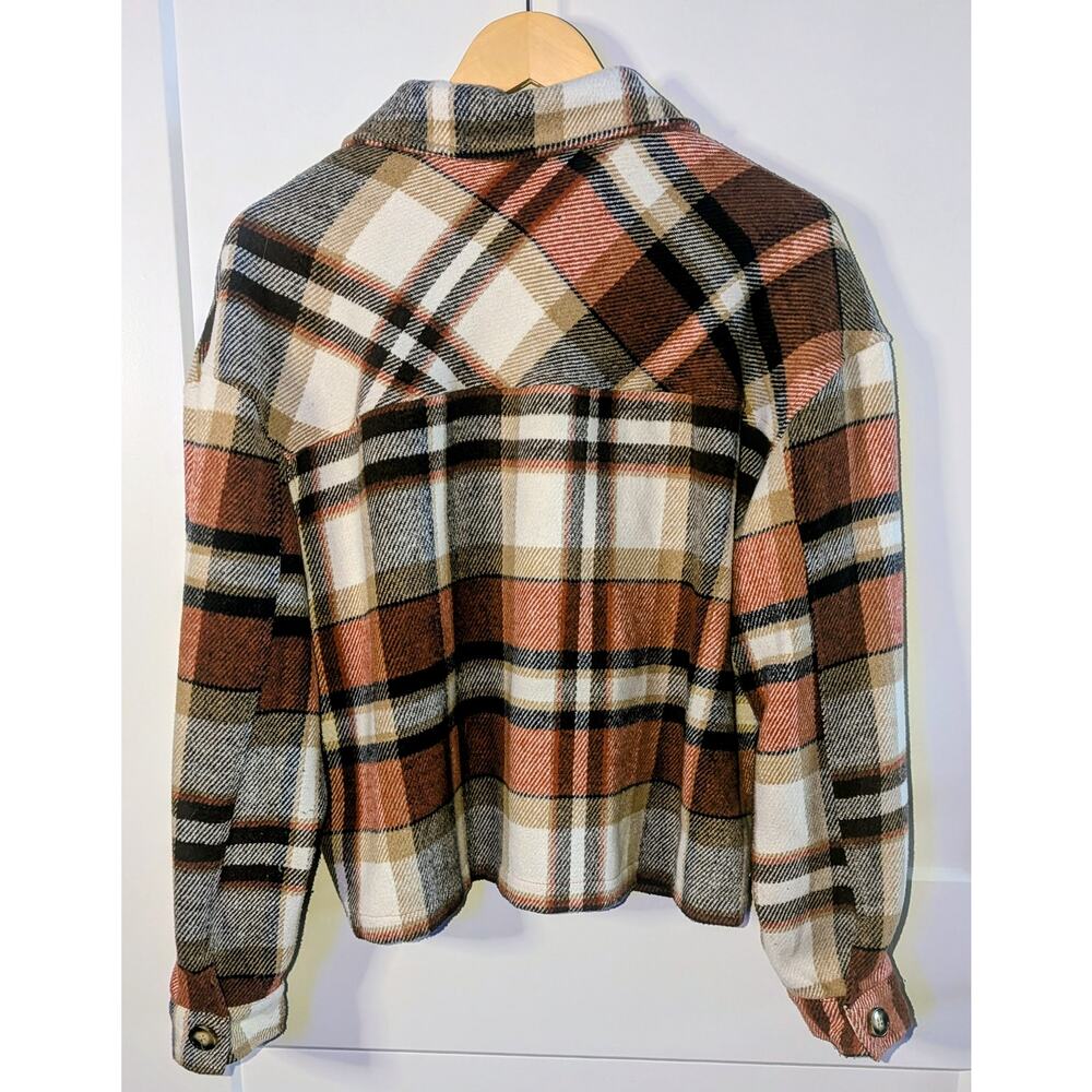 Plaid Flannel Shacket Brown Beige Rust XL Soft Stretchy Cropped - Picture 3 of 5
